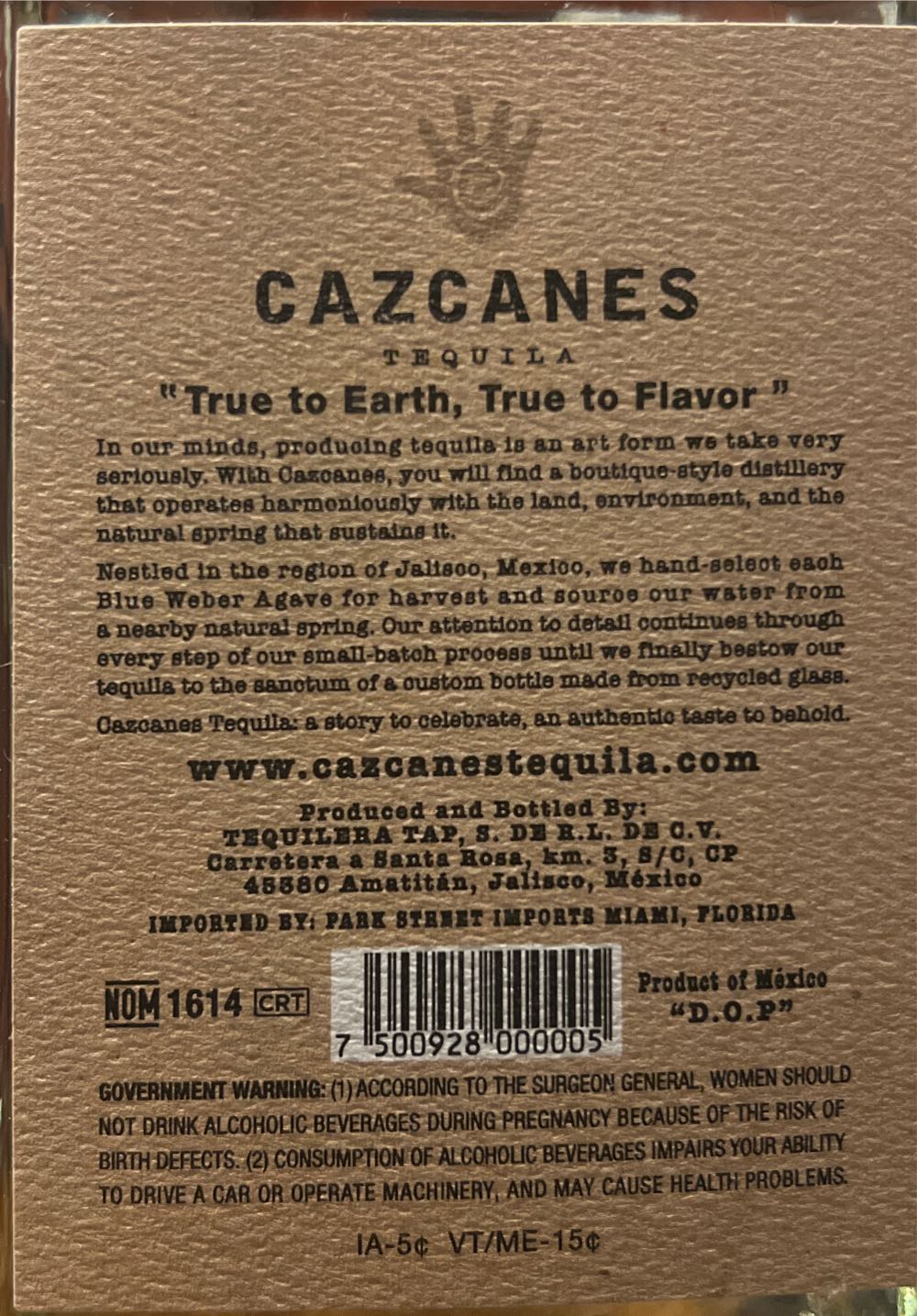 Cazcanes No.10 Still Strength Blanco - Tequilera Tap,S.DEHlD (750 mL) alcohol collectible [Barcode 7500928000005] - Main Image 2