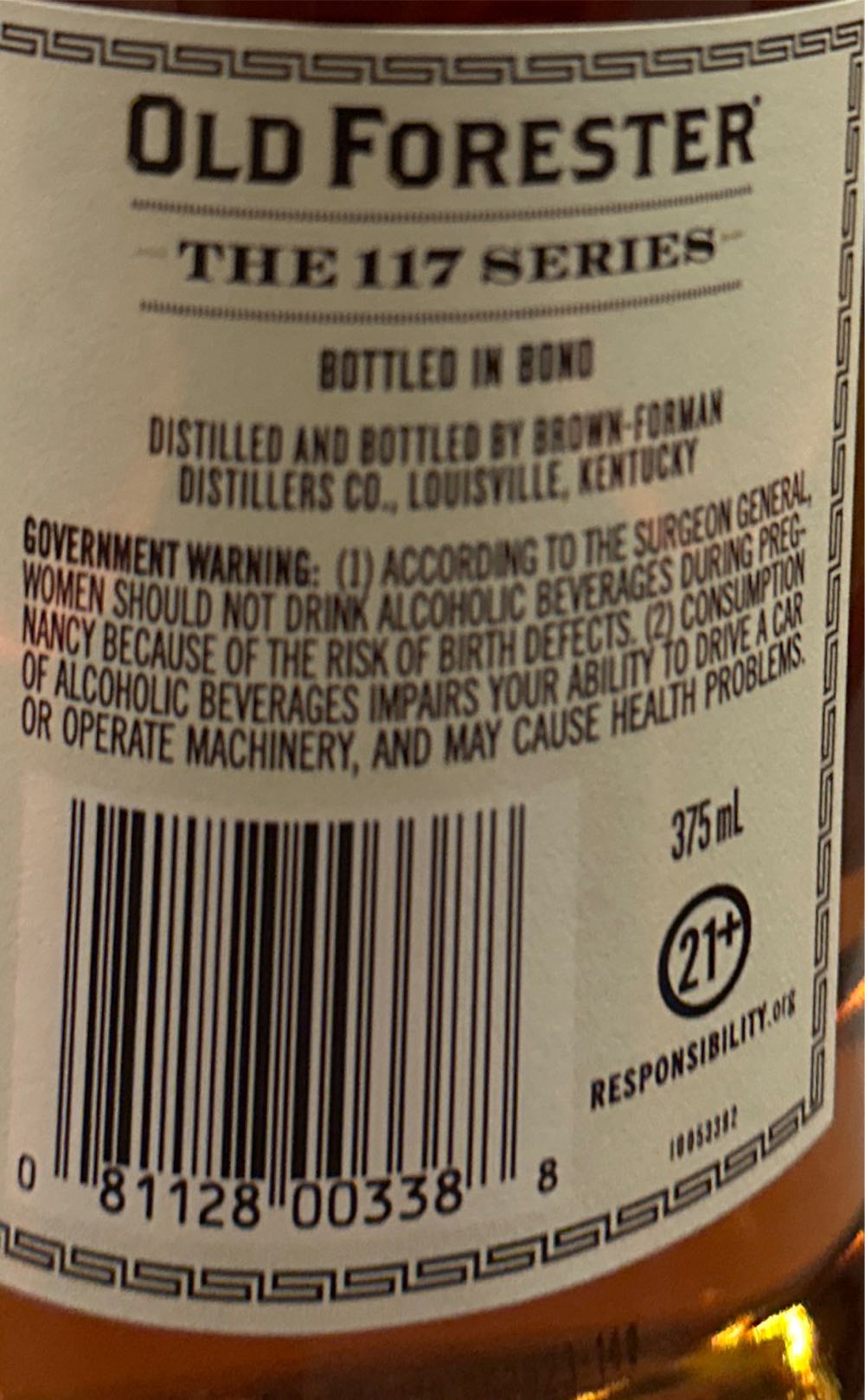 Old Forester 117 Series Bottled in Bond - Old Forester Distilling Co. (378 mL) alcohol collectible [Barcode 081128003388] - Main Image 2