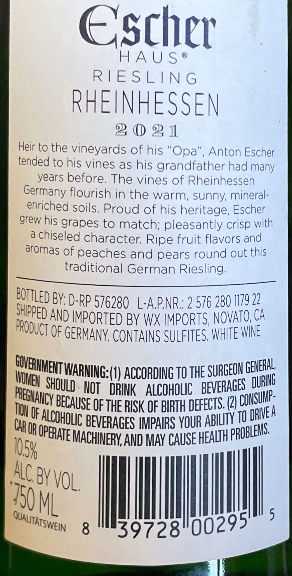 Escher Haus Riesling - Escher Haus (750 mL) alcohol collectible [Barcode 839728002955] - Main Image 3
