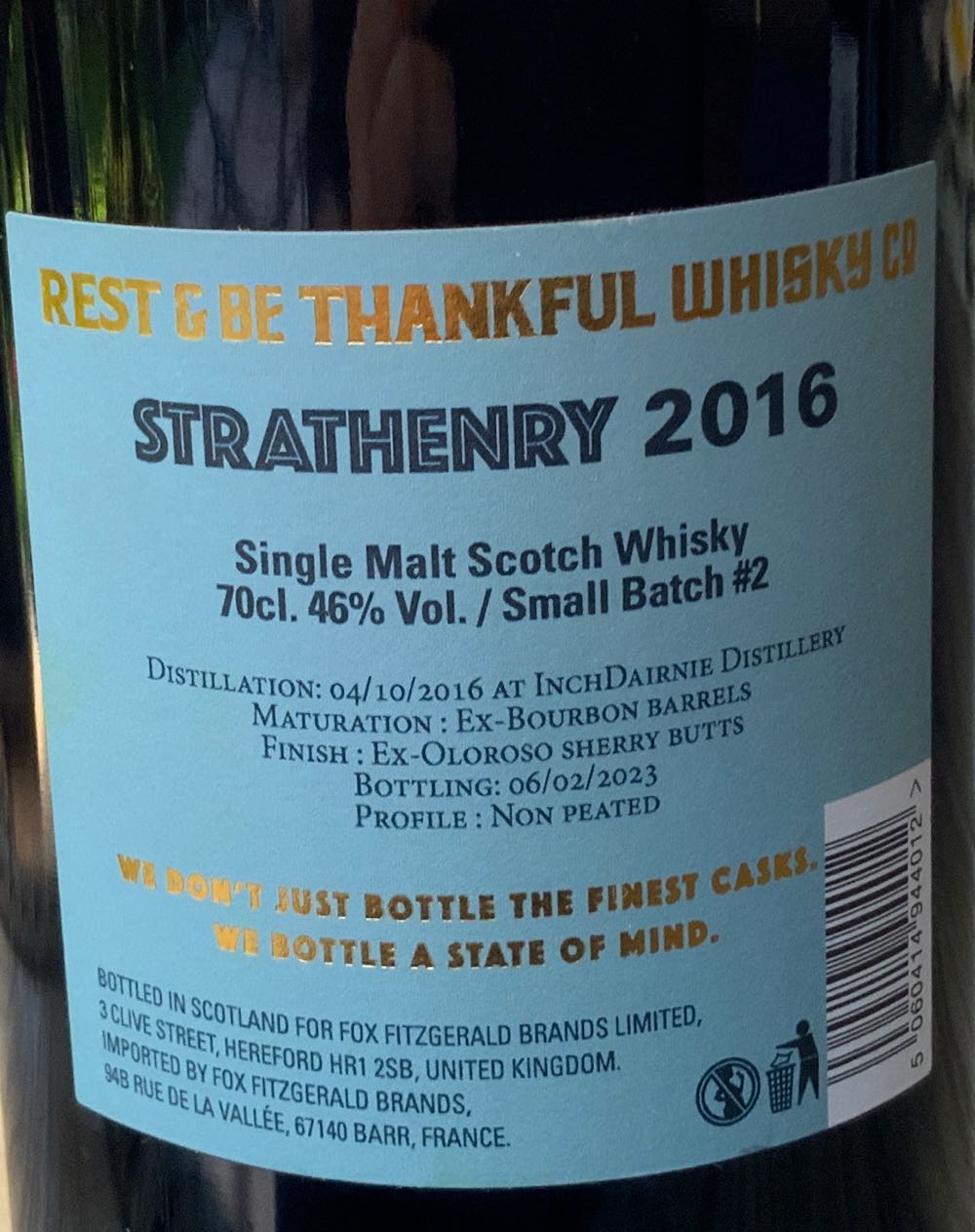 Strathenry 6 Years Rest & Be Thankful - Fox Fitzgerald Brands (700 mL) alcohol collectible [Barcode 5060414944012] - Main Image 2