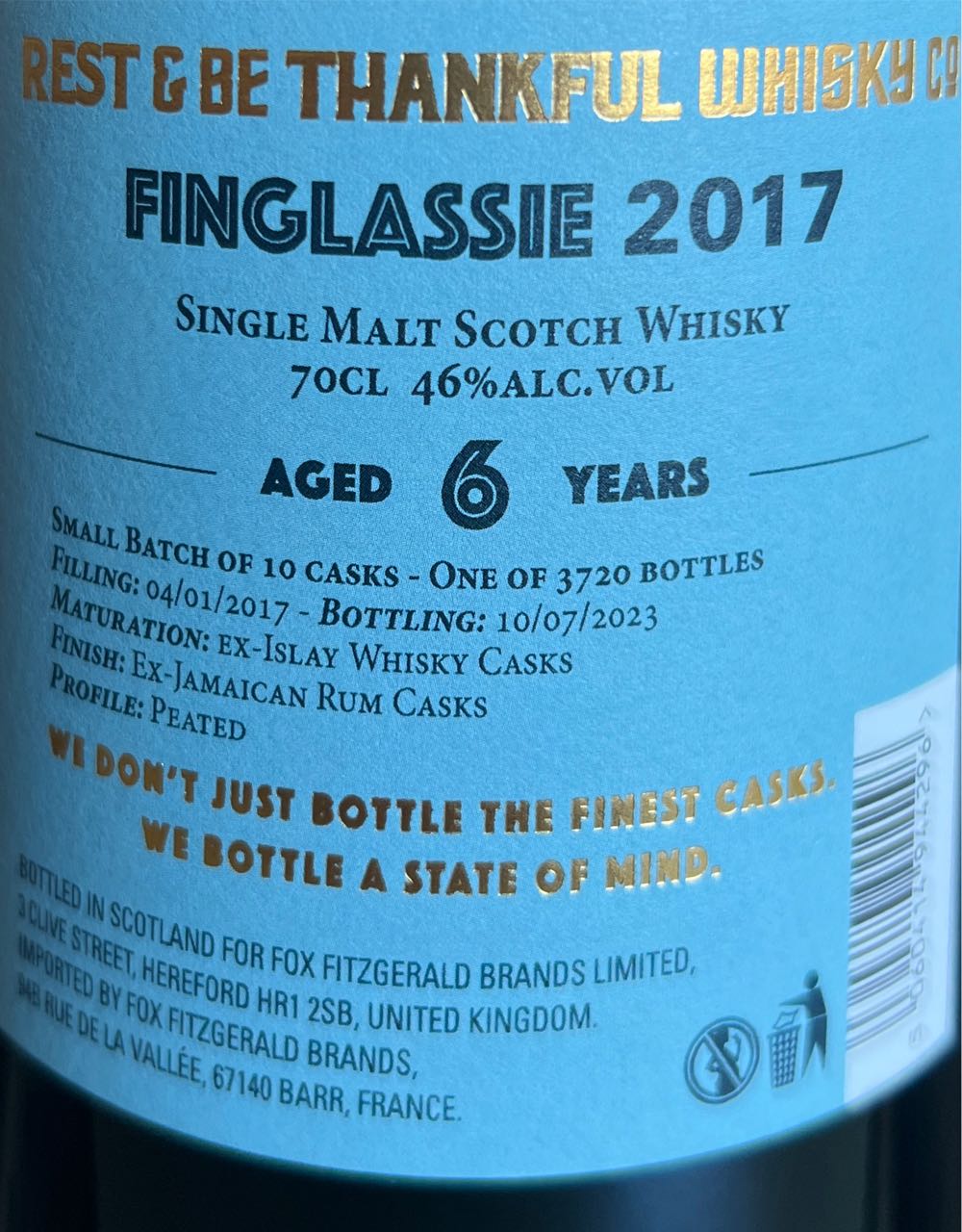 Finglassie 6 Years Rest & Be Thankful - Fox Fitzgerald Brands (700 mL) alcohol collectible [Barcode 5060414944296] - Main Image 2