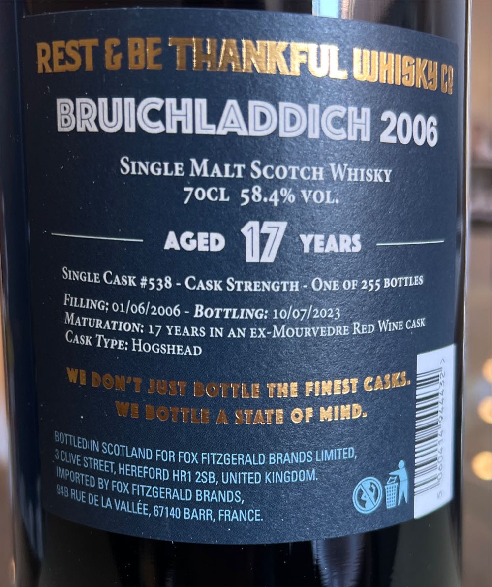 Bruichladdich 17 Years Rest & Be Thankful - Fox Fitzgerald Brands (700 mL) alcohol collectible [Barcode 5060414944432] - Main Image 2
