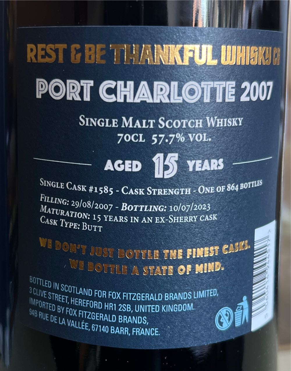 Port Charlotte 15 Years Rest & Be Thankful - Fox Fitzgerald Brands (700 mL) alcohol collectible [Barcode 5060414944517] - Main Image 2