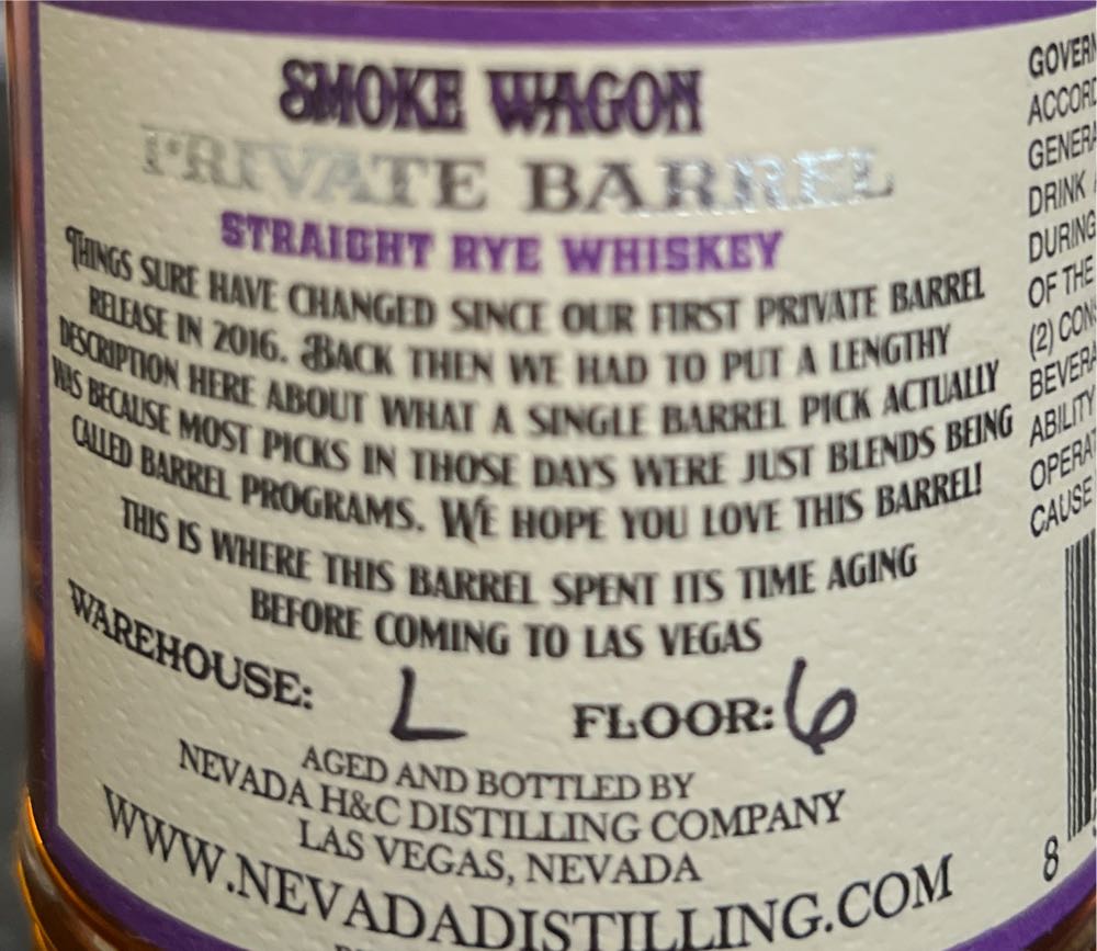 Smoke Wagon Rye Whiskey Private Barrel 6 Year - Nevada H&C Distilling Company (750 mL) alcohol collectible [Barcode 858764003641] - Main Image 4