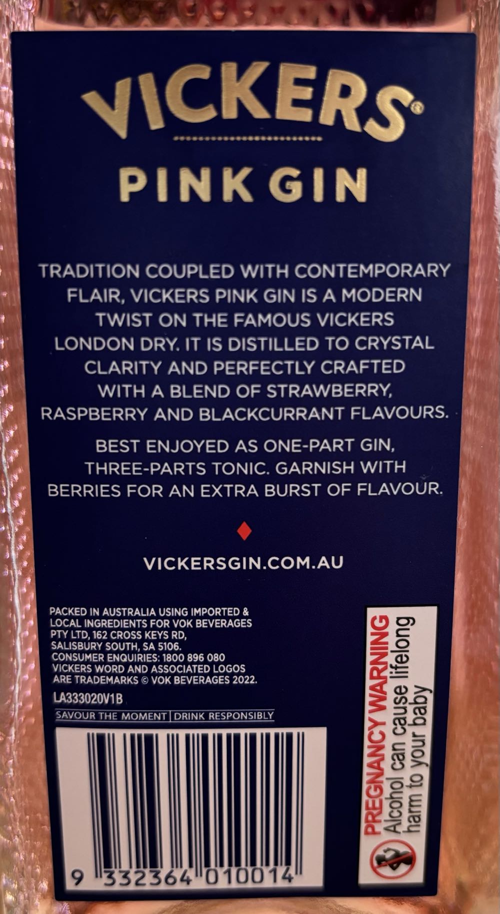 Vickers Pink Gin 700ml - Vok Beverages (500 mL) alcohol collectible [Barcode 9332364010014] - Main Image 4
