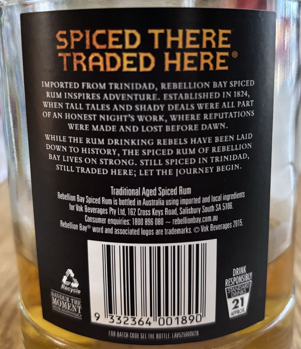Rebellion Bay Spiced Rum 700ml - Vok Beverages (700 mL) alcohol collectible [Barcode 9332364001890] - Main Image 3
