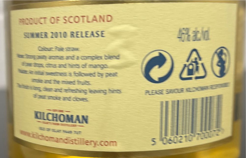 Kilchoman Summer 2010 Release - Kilchoman Distillery (700 mL) alcohol collectible - Main Image 2
