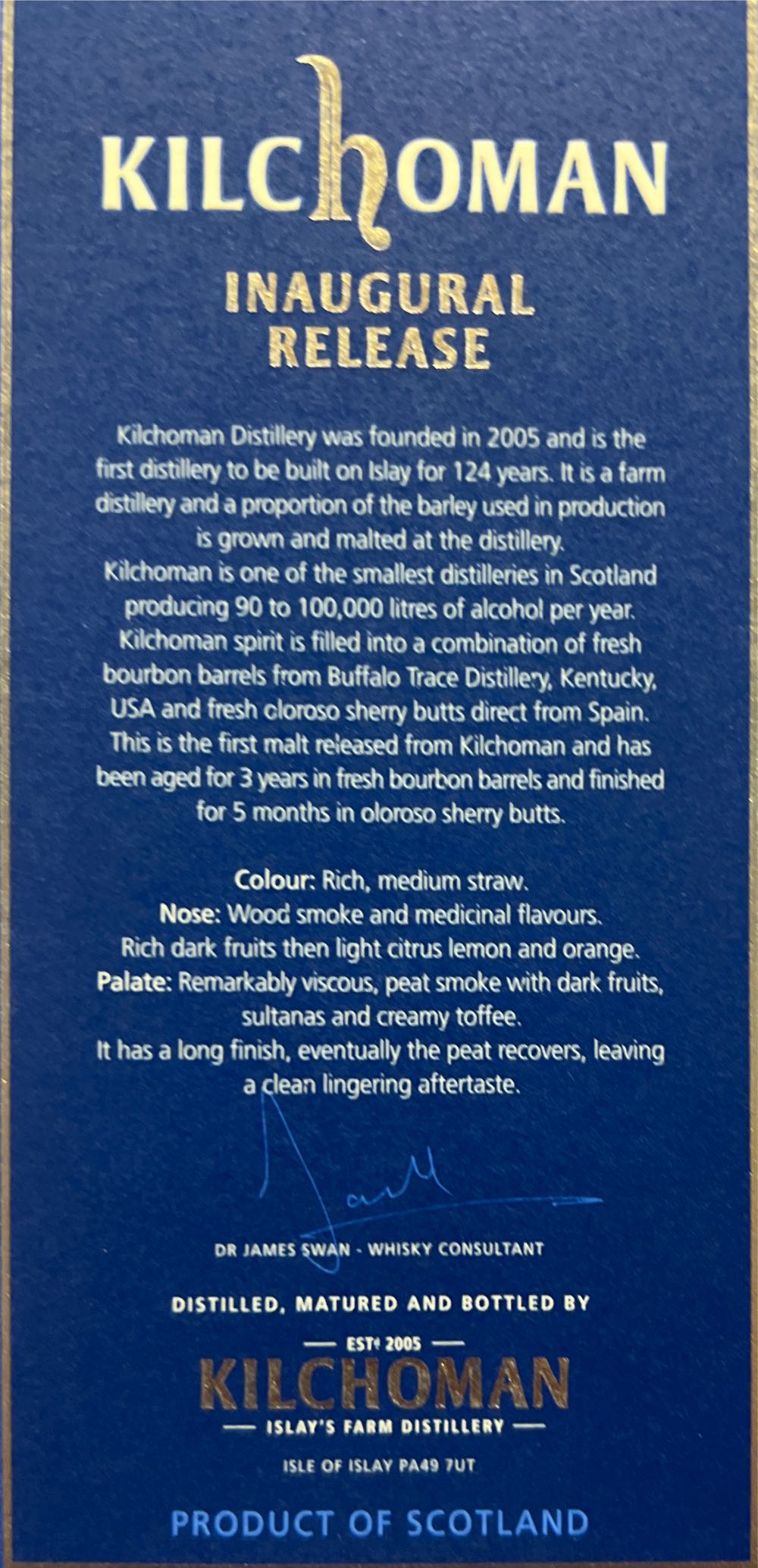Kilchoman Inaugural Release - Kilchoman Distillery (700 mL) alcohol collectible - Main Image 3
