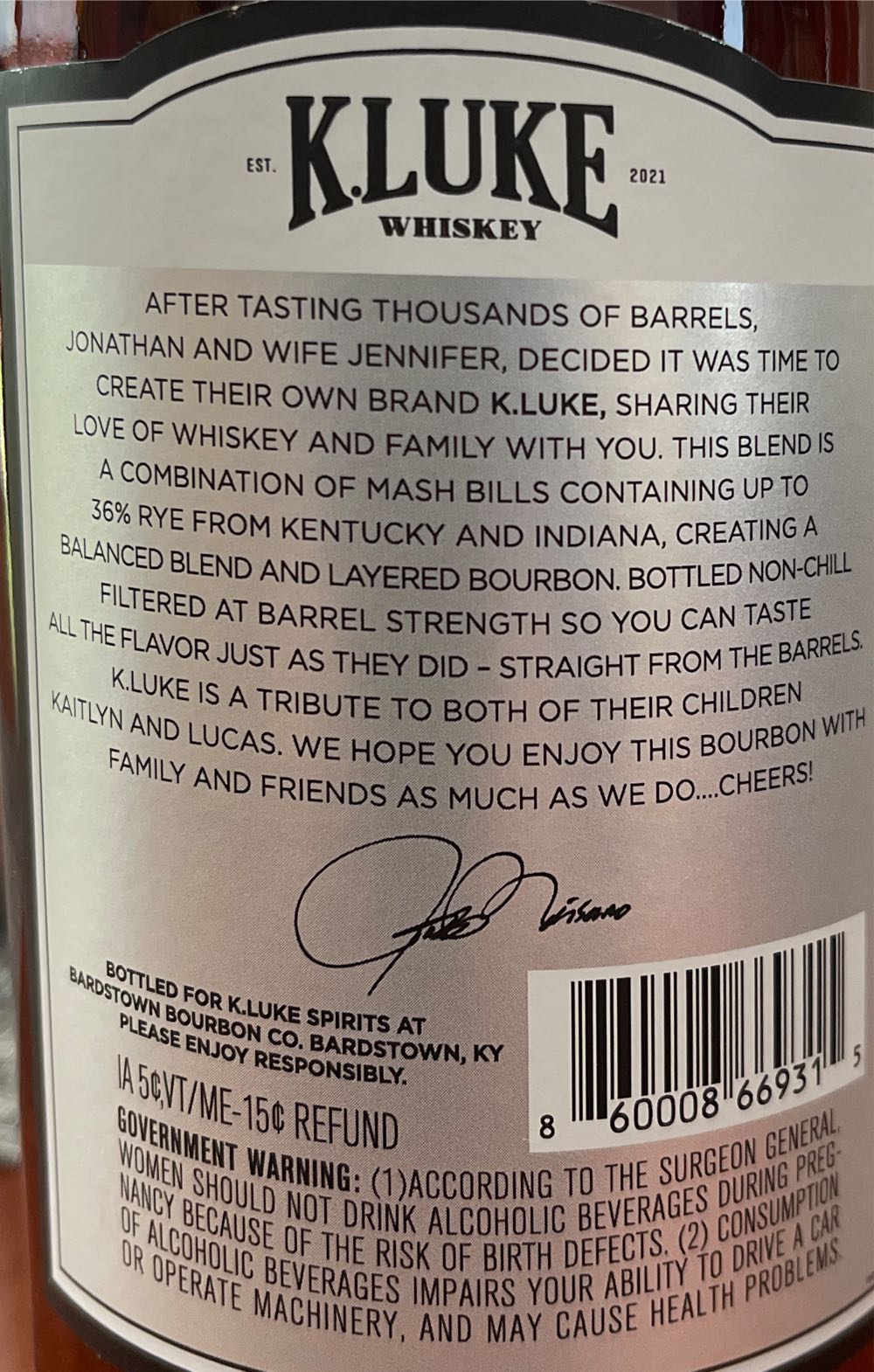 K.Luke Blended Straight Bourbon Whiskies - Bardstown Bourbon Company (750 mL) alcohol collectible [Barcode 860008669315] - Main Image 2