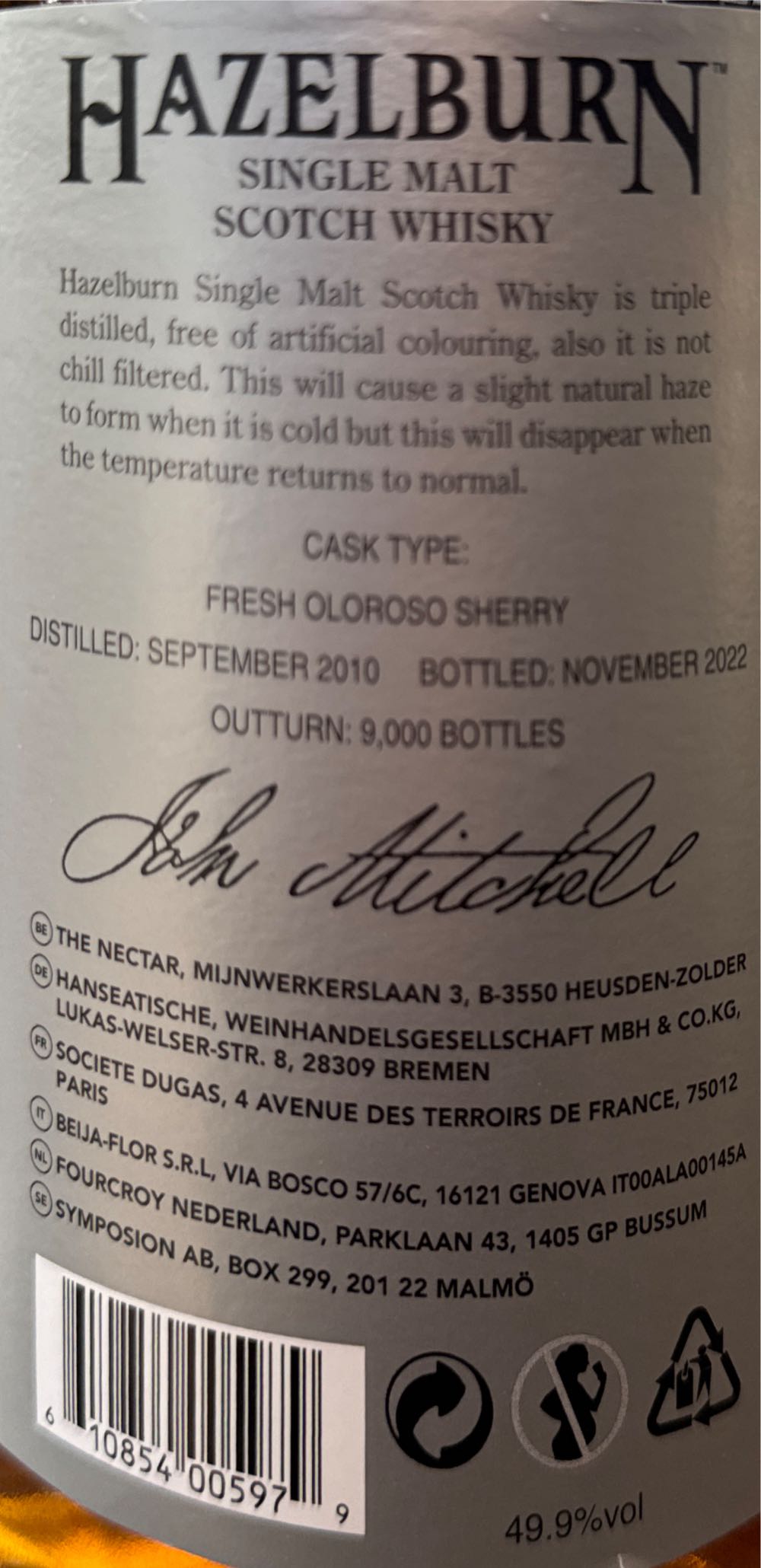 Hazelburn 12 Years Oloroso Cask Matured - Springbank Distillery (700 mL) alcohol collectible [Barcode 610854005979] - Main Image 2