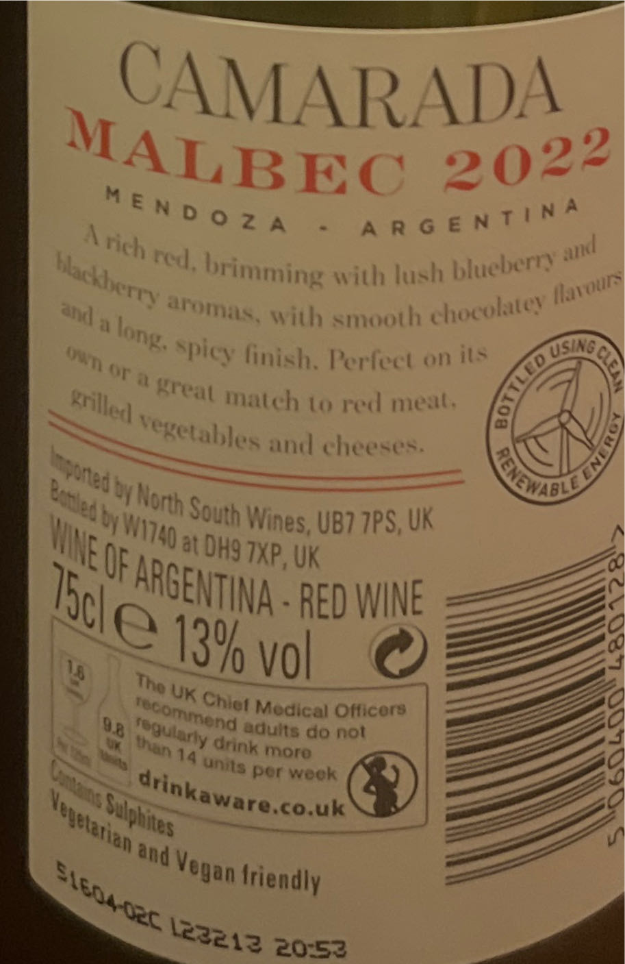 Camarada Malbec - W1740 At Dh9 7xp, Uk alcohol collectible [Barcode 5060400480128] - Main Image 2
