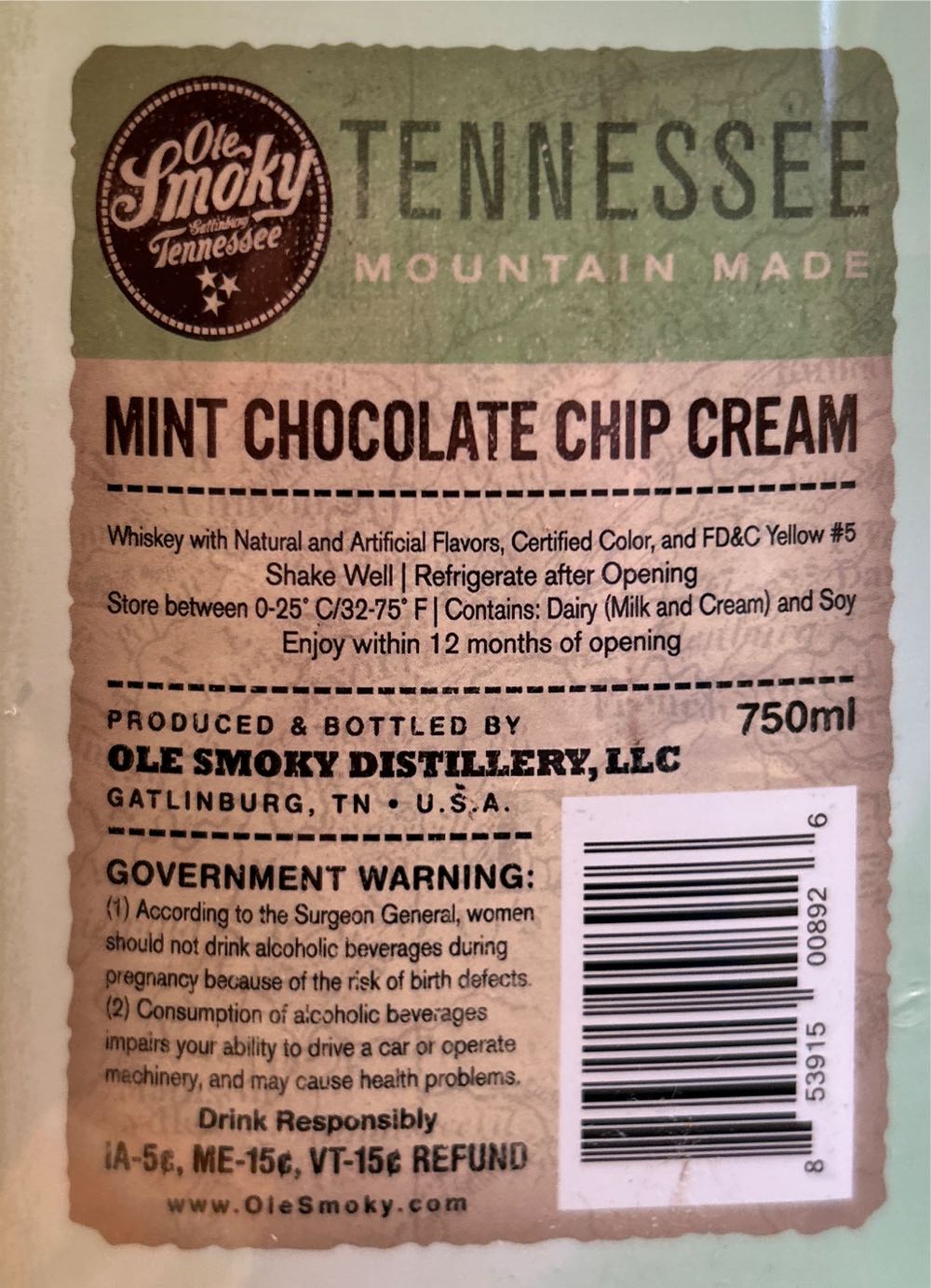 Mint Chocolate Chip Cream - Ole Smokey Distillery - Buy @ Any Store (750 mL) alcohol collectible [Barcode 853915008926] - Main Image 2