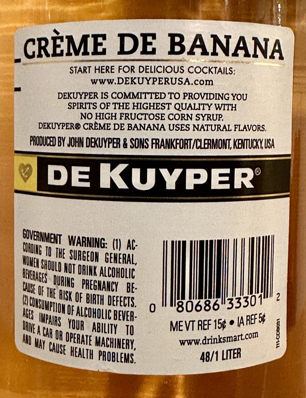Dekuyper Crème de Banana Liqueur - John DeKuyper & Sons, Clermont, KY (1 L) alcohol collectible [Barcode 080686333012] - Main Image 2