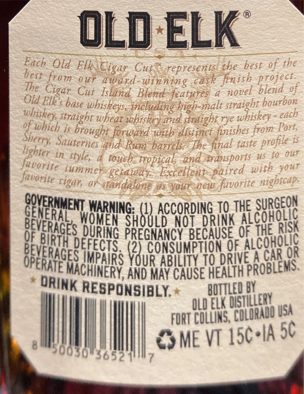 Old Elk Cigar Cut Island Blend - Old Elk Distillery (750 mL) alcohol collectible [Barcode 850030365217] - Main Image 3