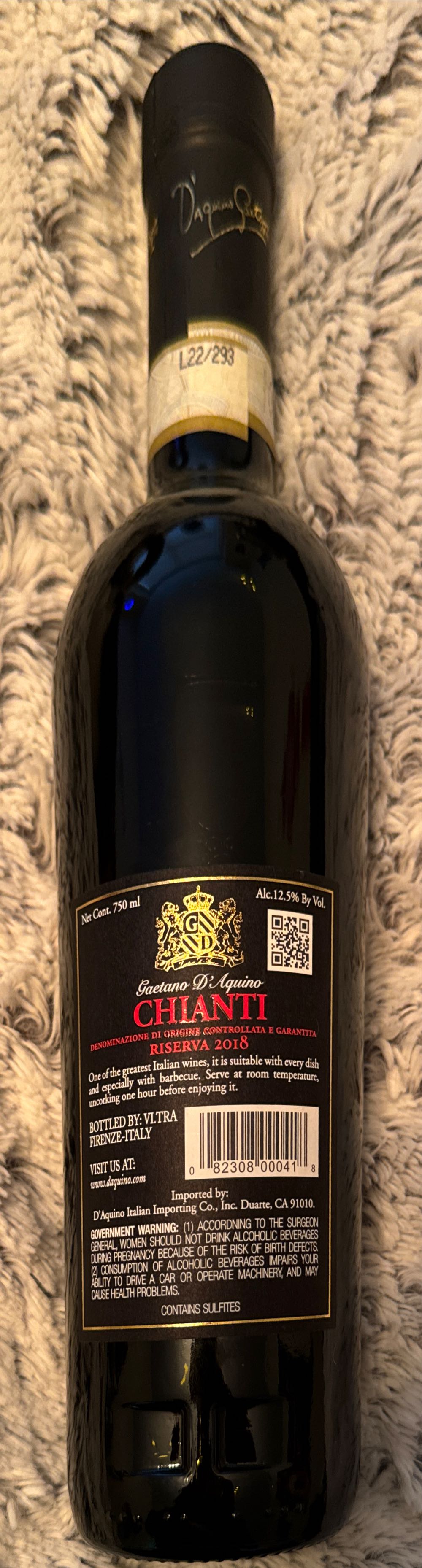 Gaetano D’aquino Chianti Riserva  (750 mL) alcohol collectible [Barcode 082308000418] - Main Image 2