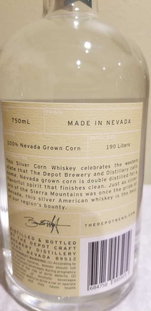 Silver Corn Whiskey - The Depot Craft Distillery (750 mL) alcohol collectible [Barcode 684758995919] - Main Image 2
