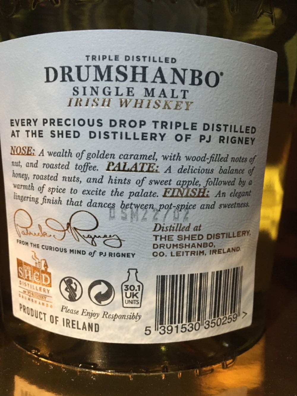 Drumshanbo Single Malt Irish Whiskey 70cl Galanta Release  (700 mL) alcohol collectible [Barcode 5391530350259] - Main Image 3