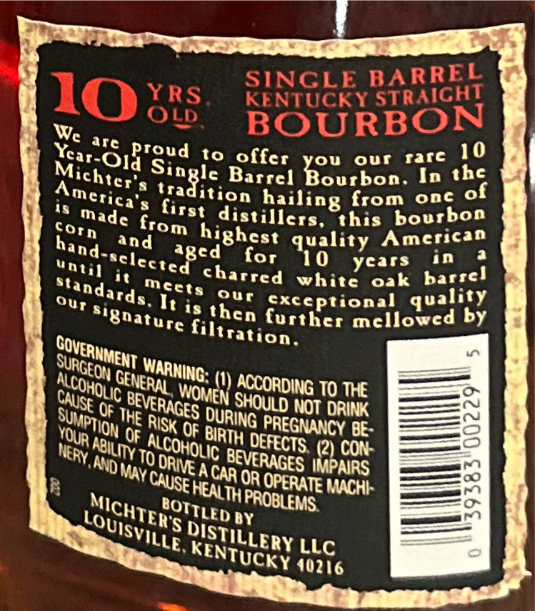 Michters 10 year Bourbon - Michter’s Distillery (750 mL) alcohol collectible [Barcode 039383002295] - Main Image 2