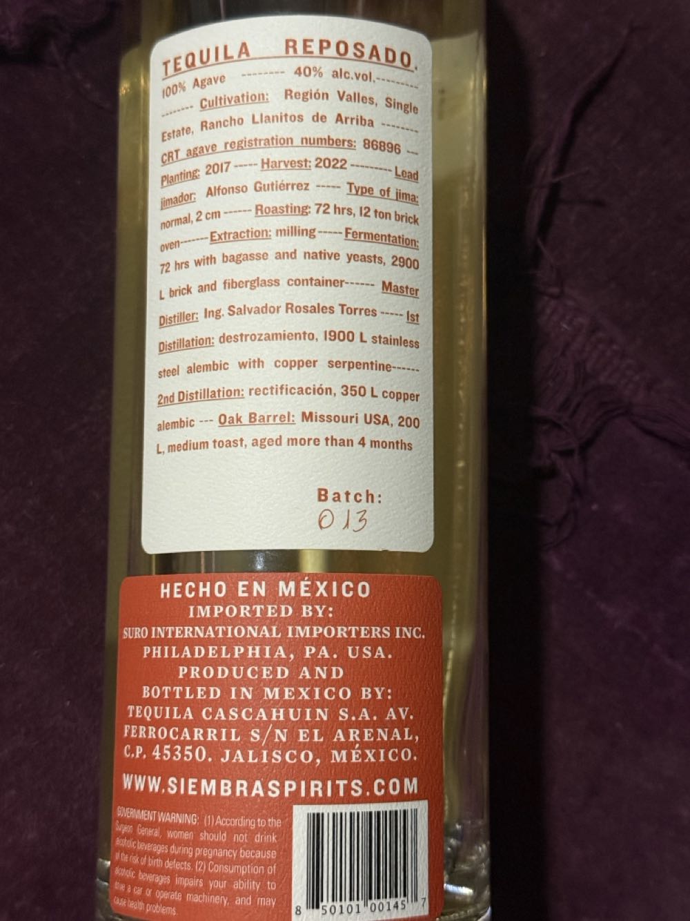 Siembra Valles Reposado - Nom 1123 (750 mL) alcohol collectible [Barcode 850101001457] - Main Image 2