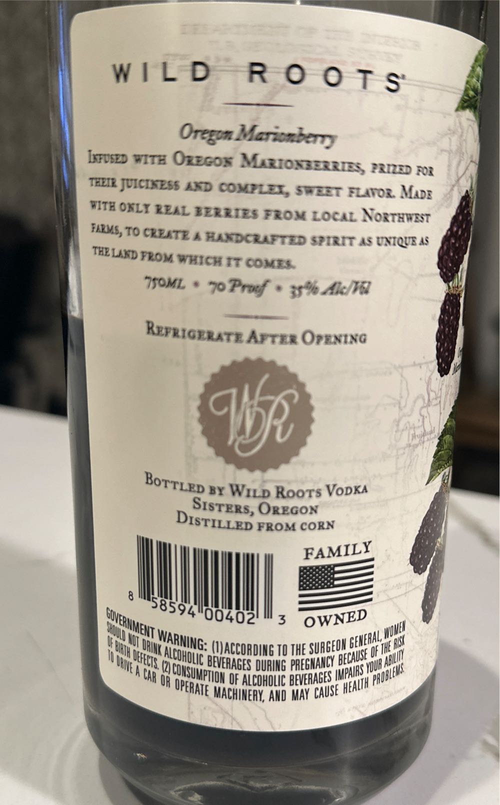 Wild Roots Marionberry Infused Vodka - Wild Roots Vodka (750mL) alcohol collectible [Barcode 858594004023] - Main Image 2