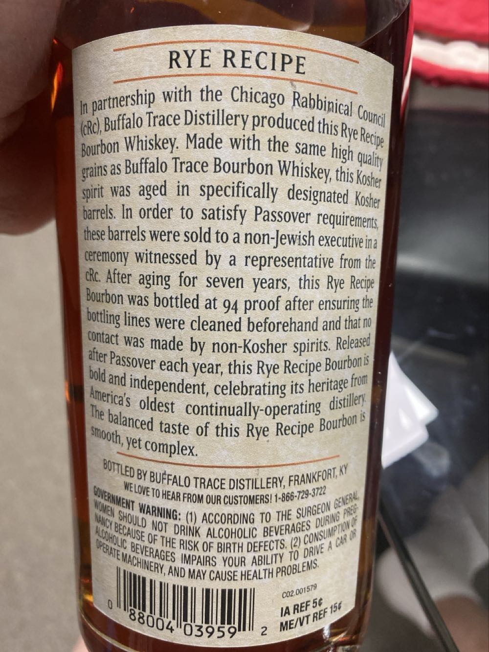 Buffalo Trace Kosher Straight KY Bourbon Rye Recipe - Buffalo Trace Distillery (750 mL) alcohol collectible - Main Image 2