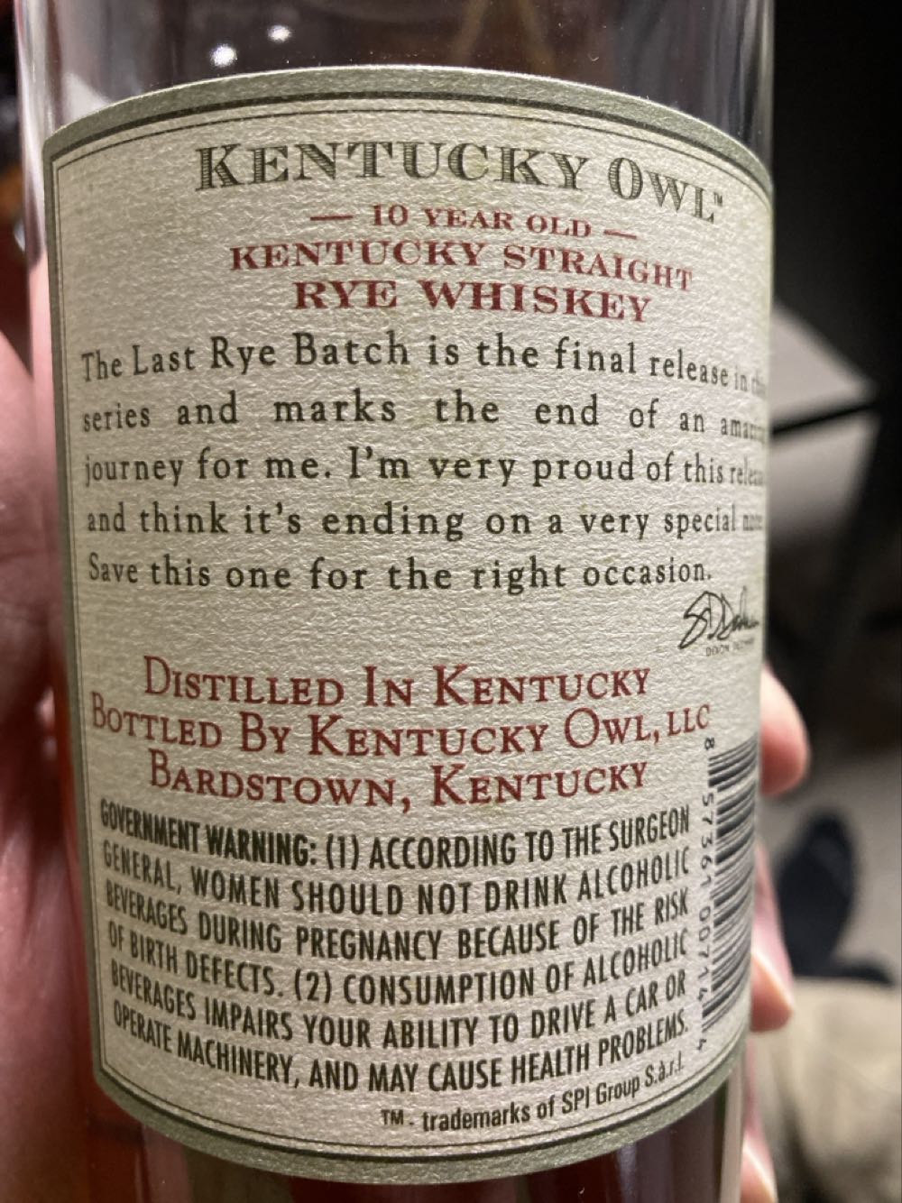 Kentucky Owl Rye Batch 4 - Kentucky Owl, LLC alcohol collectible - Main Image 2