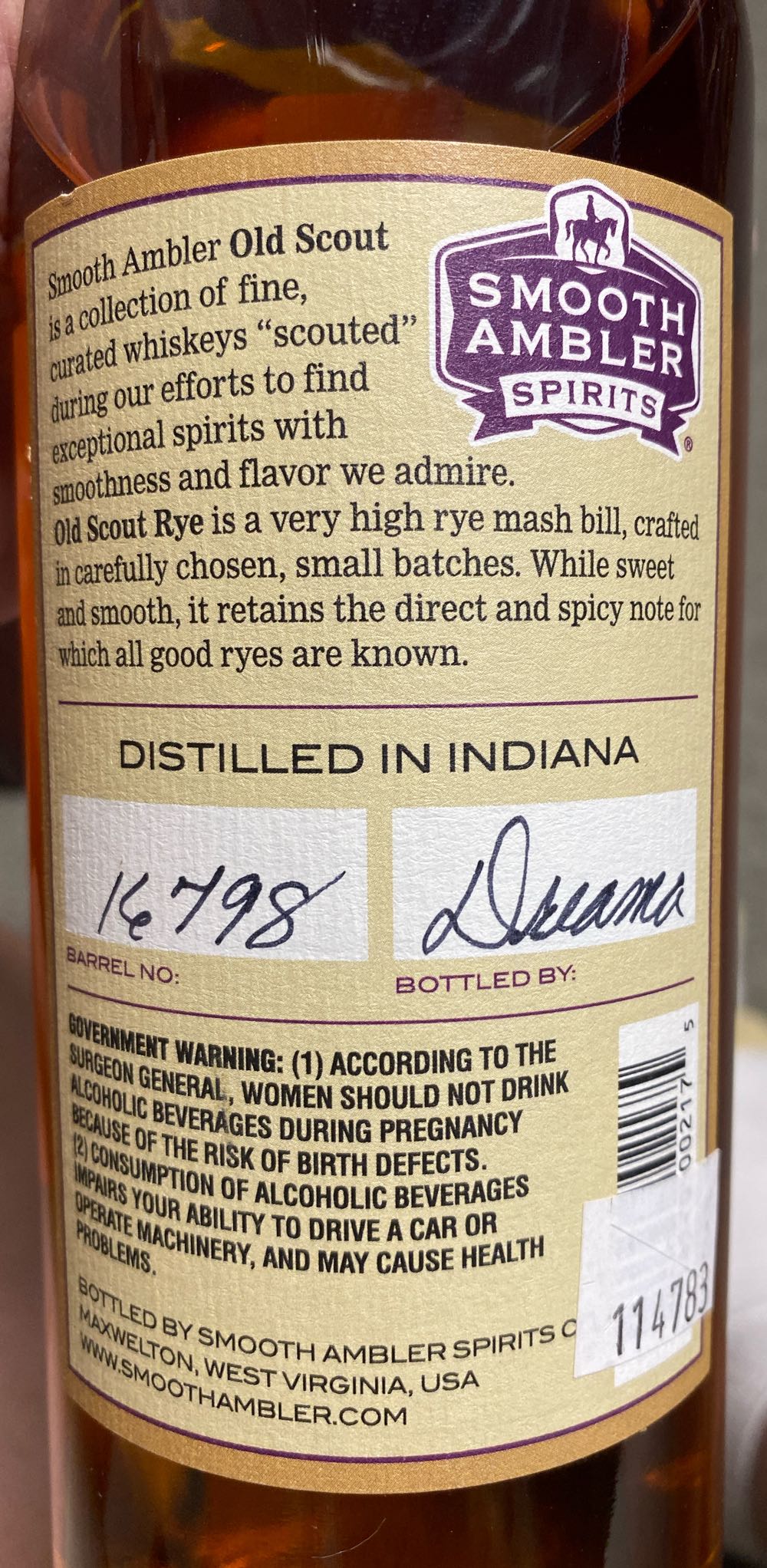 Old Scout Single Barrel Rye Whiskey - Smooth Ambler Spirits Co alcohol collectible - Main Image 2