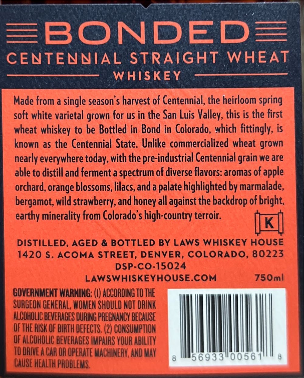 Laws Whiskey House Centennial Straight Wheat Whiskey 750ml Bonded Year 5  (750 mL) alcohol collectible [Barcode 856933005618] - Main Image 3