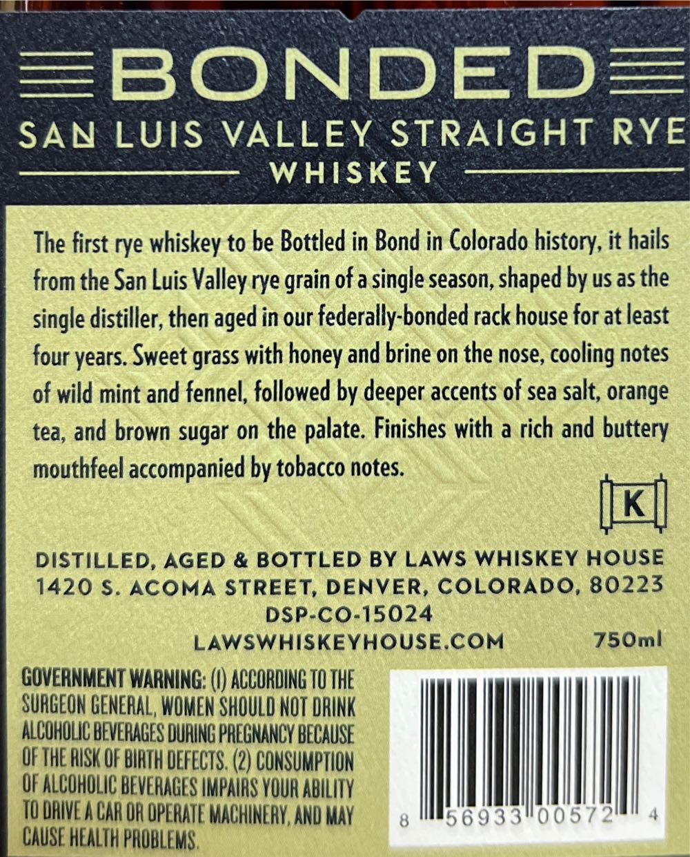 Laws San Luis Valley Straight Rye Whiskey 750ml Bonded House Bottled In Bond Year  (750 mL) alcohol collectible [Barcode 856933005724] - Main Image 3