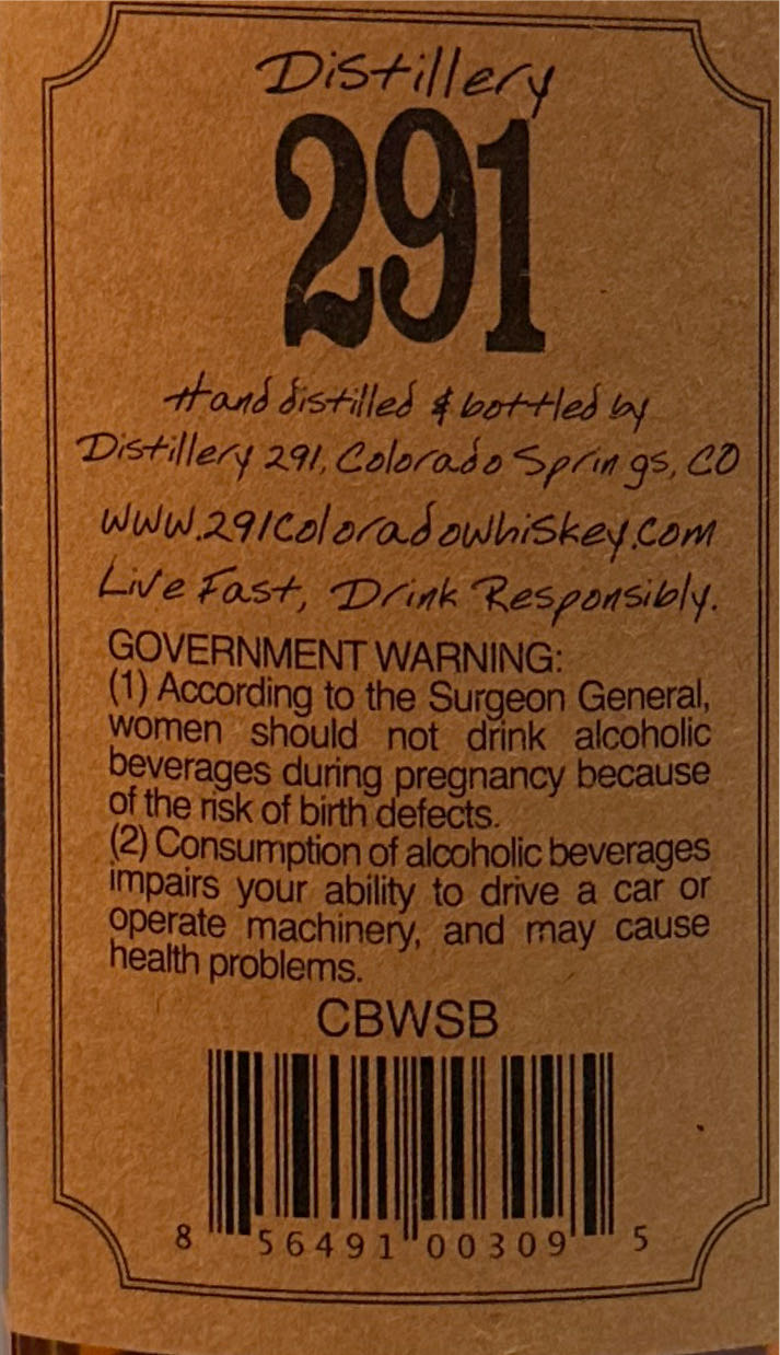 291 Small Batch Colorado Small Bourbon Whiskey 750ml - Distillery 291 (750 mL) alcohol collectible [Barcode 856491003095] - Main Image 2