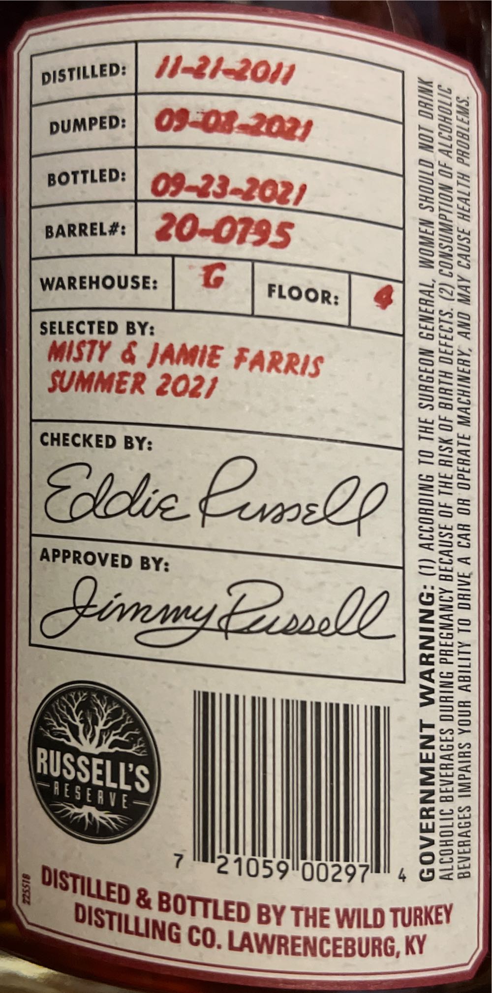 Russel’s Reserve Private Barrel Selection - Wild Turkey Distilling Co. (750 mL) alcohol collectible [Barcode 721059002974] - Main Image 3