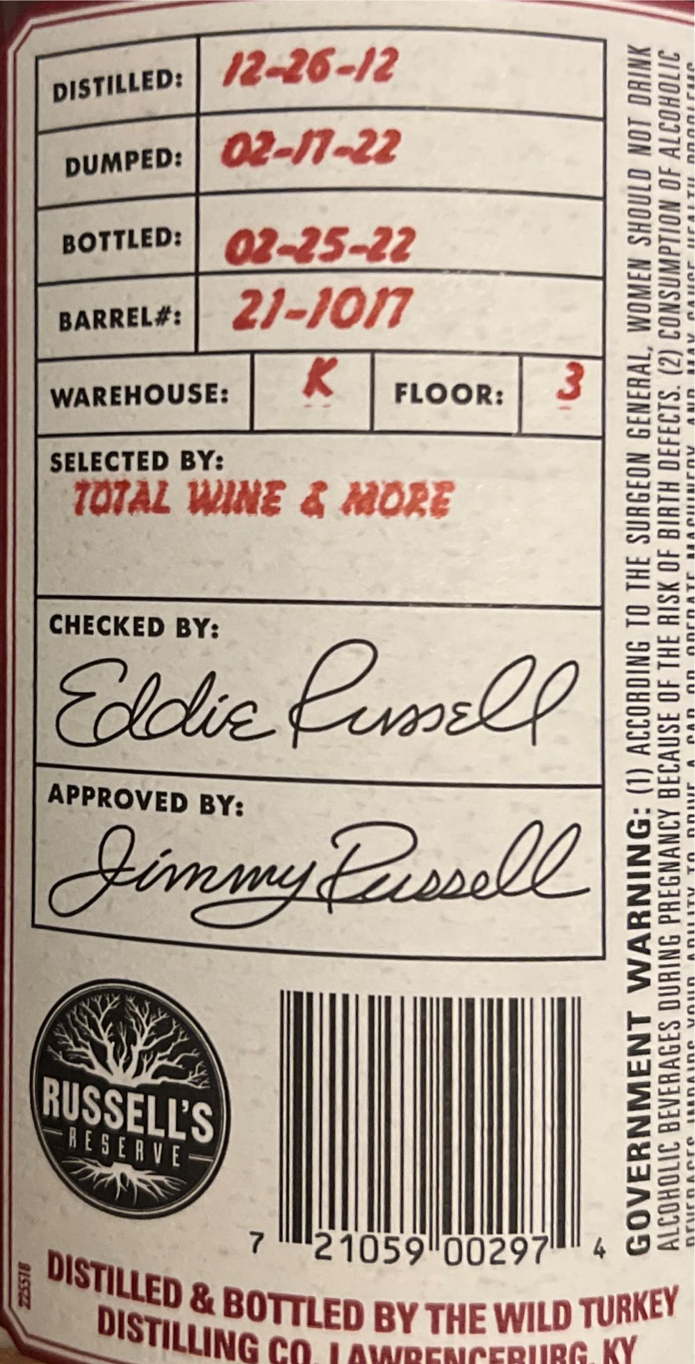 Russel’s Reserve Private Barrel Selection - Wild Turkey Distilling Co. (750 mL) alcohol collectible [Barcode 721059002974] - Main Image 4