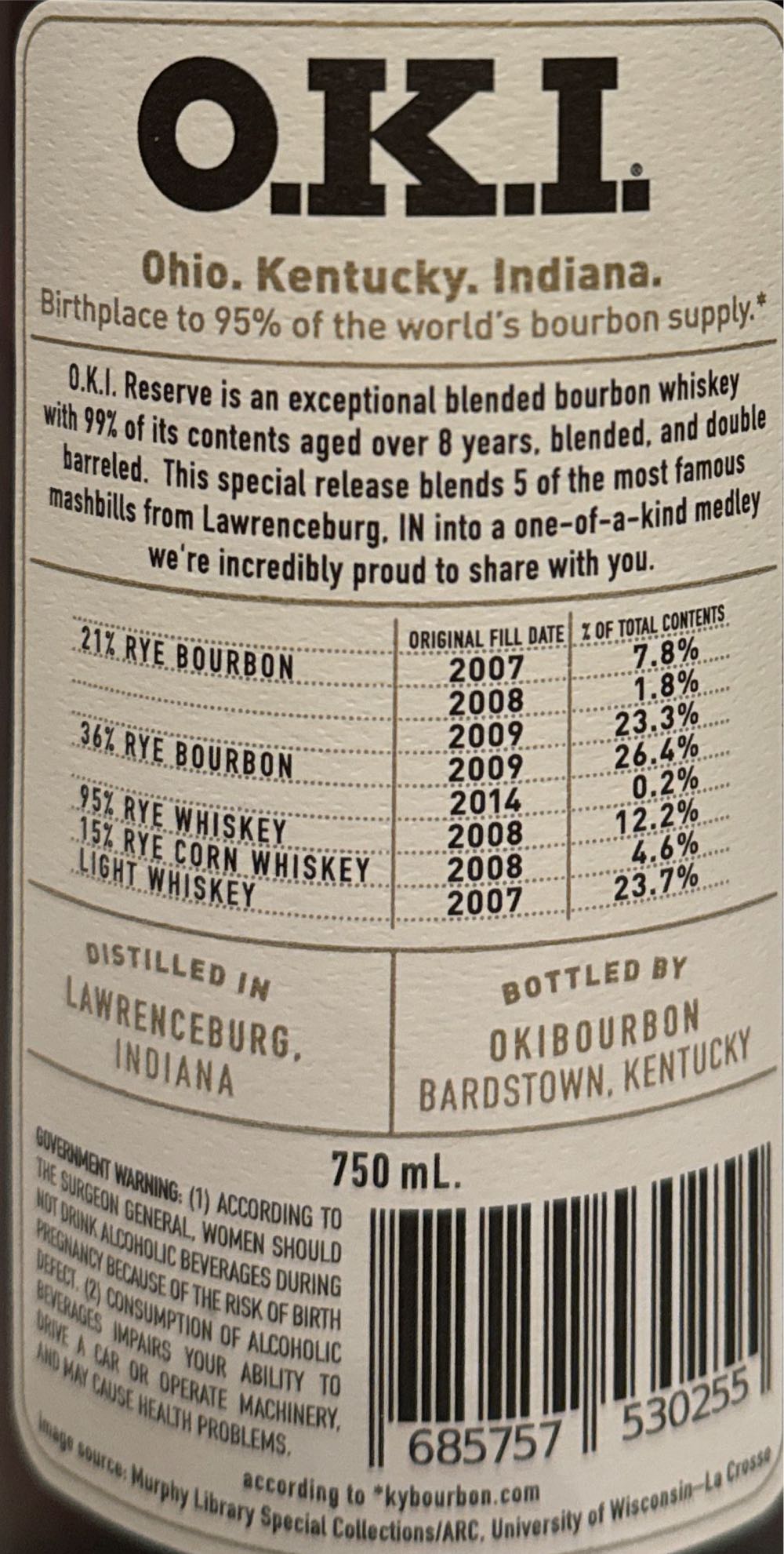 O.K.I. Reserve Batch 01 - O.K.I. Bourbon (750 mL) alcohol collectible [Barcode 685757530255] - Main Image 2