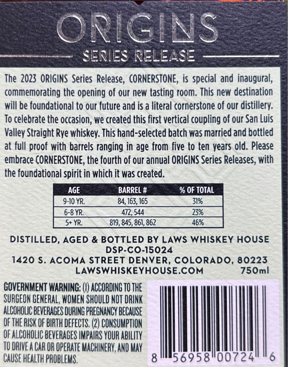 Laws Whiskey Origins Series Cornerstone Straight Rye - Laws Whiskey House (750 mL) alcohol collectible [Barcode 856958007246] - Main Image 2