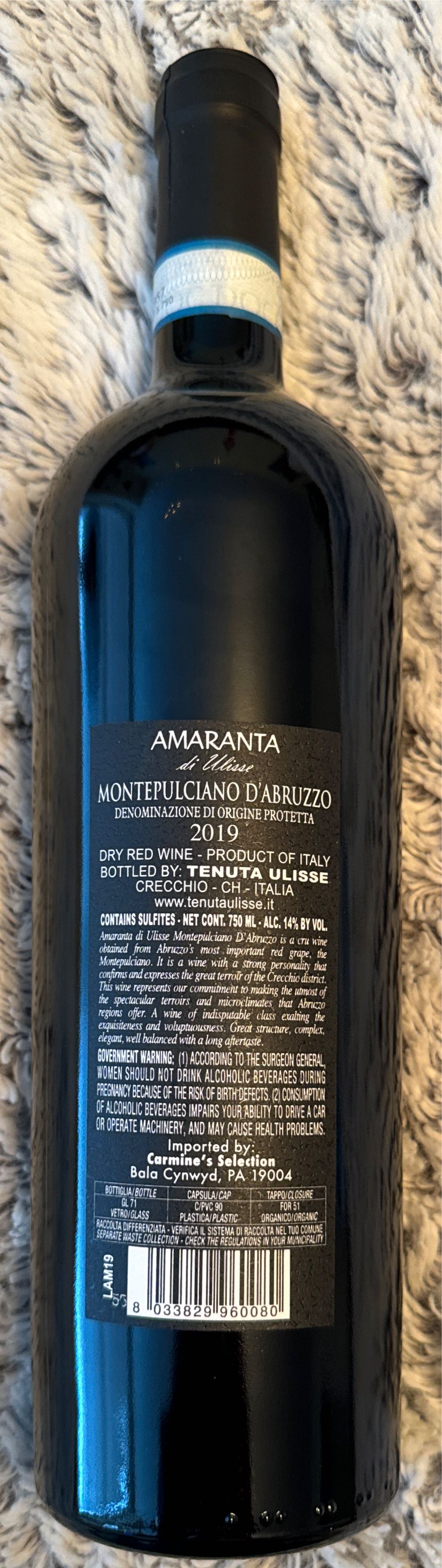 D’abruzzo Amaranta Tenuta Ulisse Amaranta Montepulciano D’abruzzo Dop Tenuta 2019 2018  (750 mL) alcohol collectible [Barcode 8033829960080] - Main Image 2
