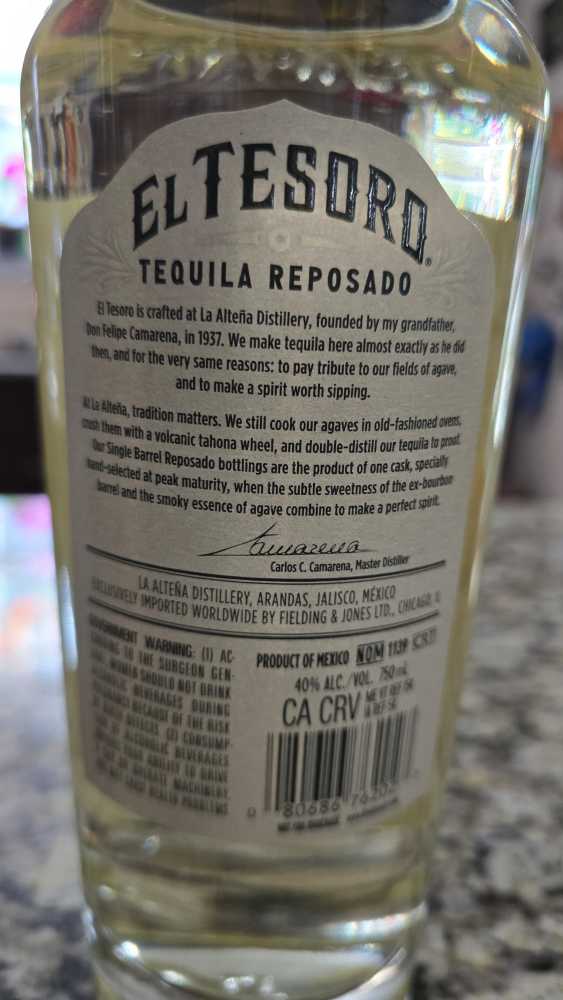 El Tesoro Single Barrel Reposado Tequila - Nom 1139 (750 mL) alcohol collectible [Barcode 080686762027] - Main Image 3