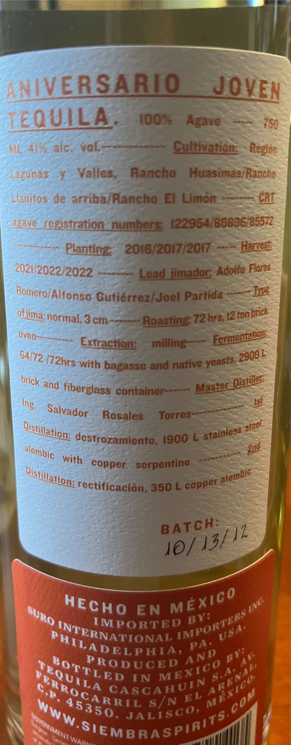 Siembra Valles Aniversario Joven - Nom 1123 (750 mL) alcohol collectible [Barcode 850101001389] - Main Image 2