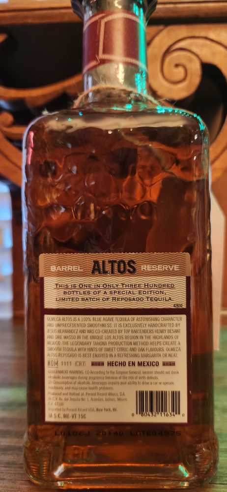 Olmeca Altos Barrel Reserve Reposado - NOM 1111 (750 mL) alcohol collectible [Barcode 080432116340] - Main Image 2