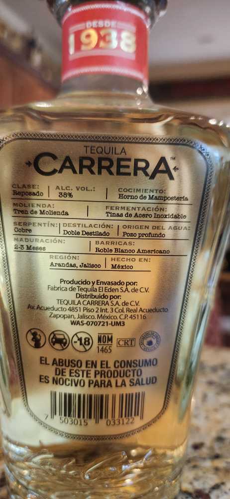 Carrera Reposado - NOM 1465 (750 mL) alcohol collectible [Barcode 7503015033122] - Main Image 2