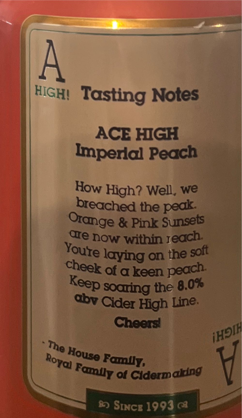 California ACE HIGH Imperial Peach Cider - California Cider Company (12 FL OZ) alcohol collectible [Barcode 798449050037] - Main Image 2