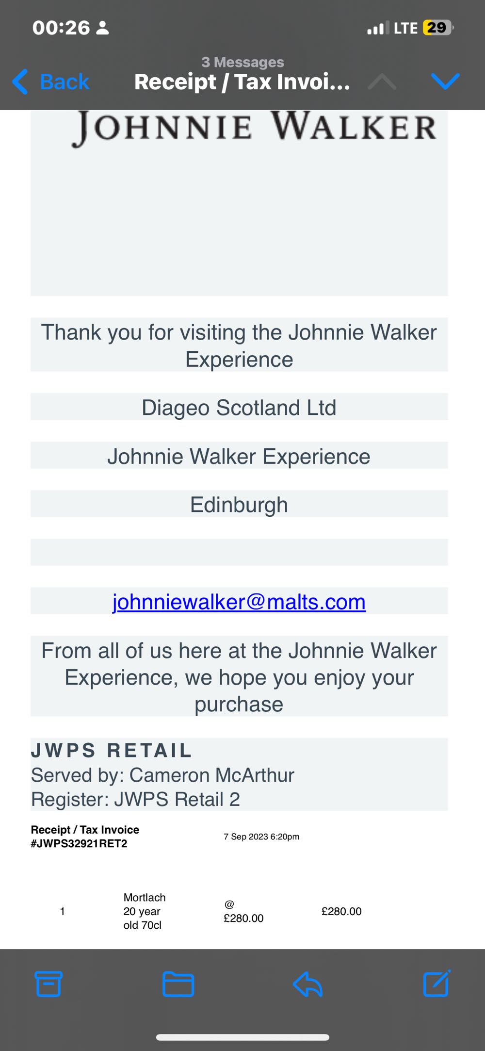 MORTLACH 20y Cowie’s Blue Seal Single Malt Scotch Whisky - The Mortlach Distillery (700 mL) alcohol collectible [Barcode 5000281064734] - Main Image 4