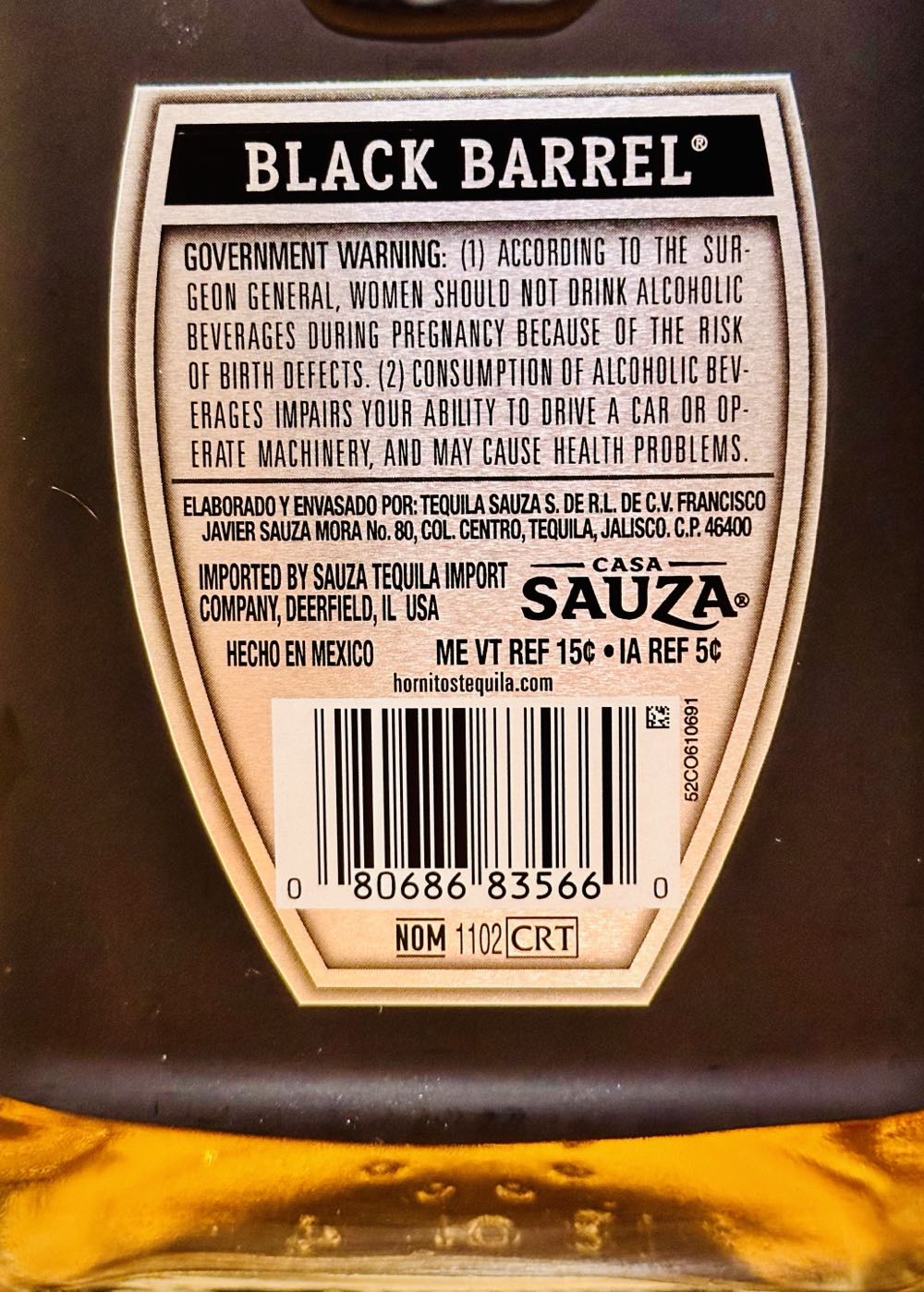 Hornitos Black Barrel Añejo Tequila - Tequila Sauza S. De R.I. De C.V. (1 L) alcohol collectible [Barcode 080686835660] - Main Image 2