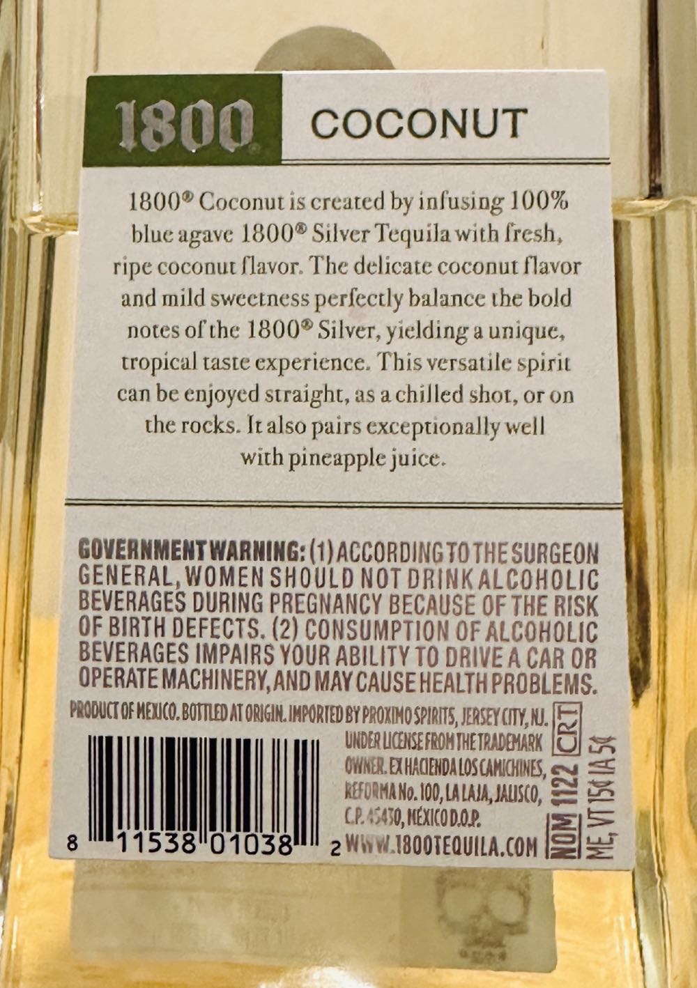 1800 Coconut - Ex Hacienda Los Camichines (1 L) alcohol collectible [Barcode 811538010382] - Main Image 2