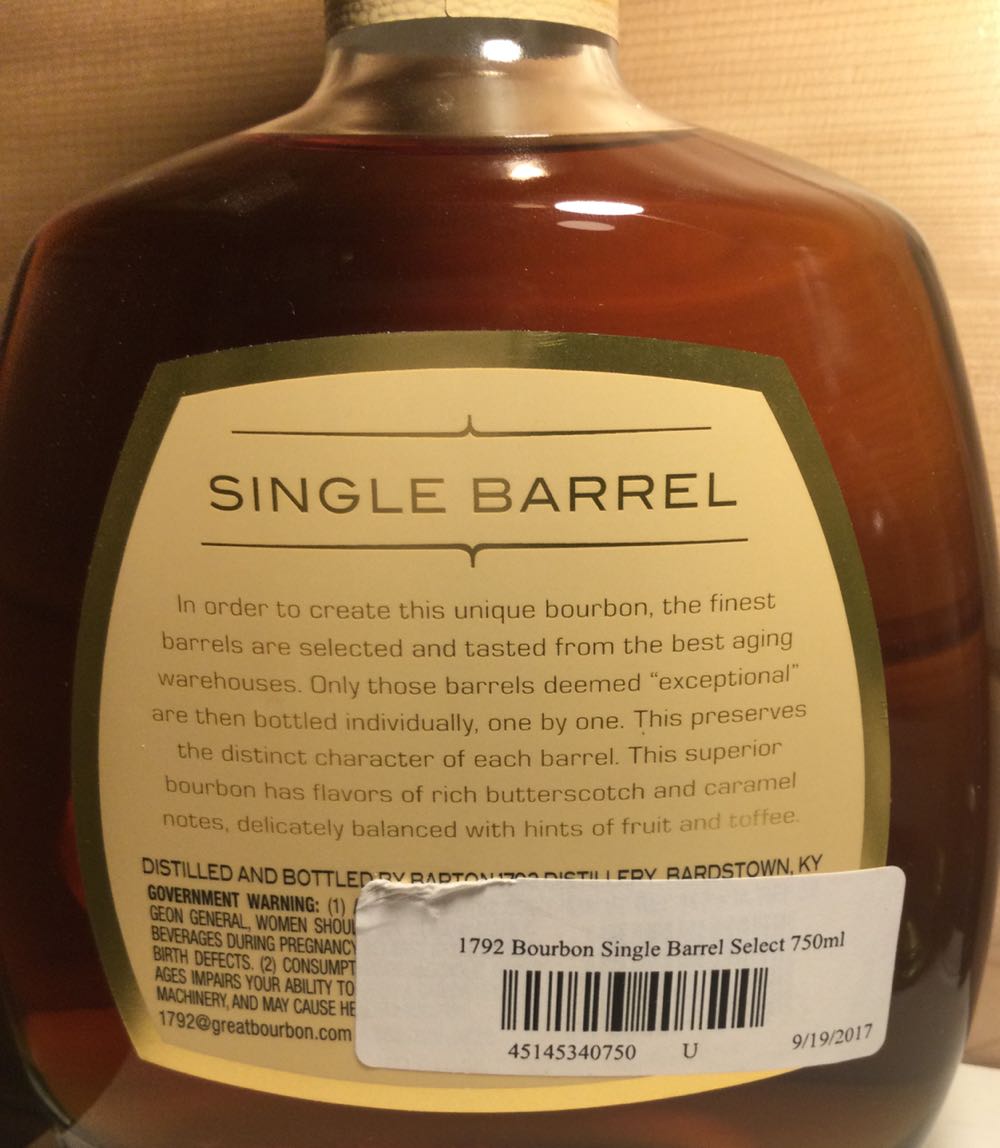 1792 Bourbon Single Barrel - Barton 1792 Distillery, Bardstown, KY (750 mL) alcohol collectible [Barcode 451453407500] - Main Image 2