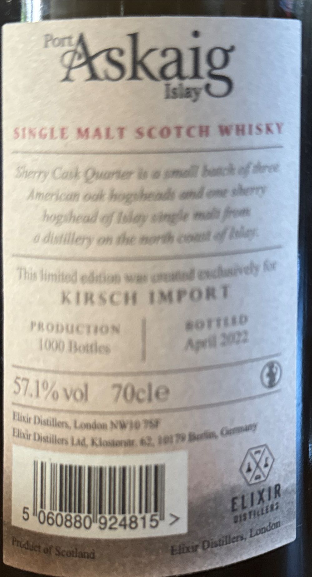 Port Askaig Sherry Cask Quarter - Elixir Distillers (700 mL) alcohol collectible [Barcode 5060880924815] - Main Image 2