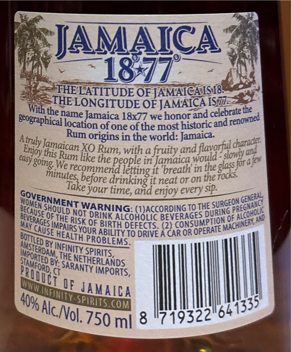 Jamaica 18*77 XO Rum - Infinity Spirits (750 mL) alcohol collectible [Barcode 8719322641335] - Main Image 2