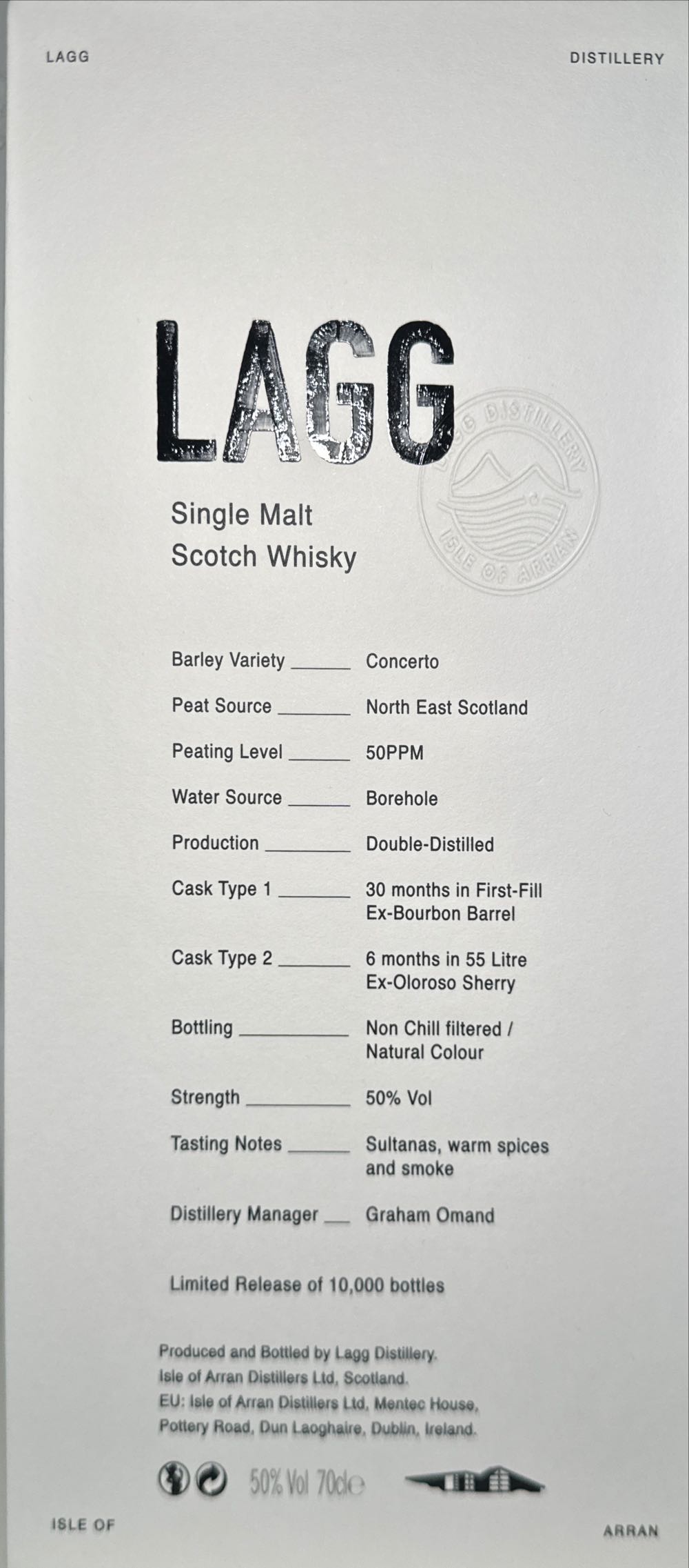 Lagg Inaugural Release Batch 2 (2025) - Lagg Distillery (700 mL) alcohol collectible [Barcode 5060044486012] - Main Image 2