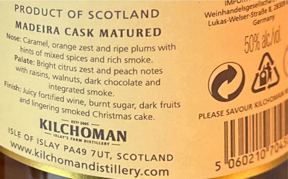 Kilchoman Madeira Cask Matured - Kilchoman Distillery (700 mL) alcohol collectible [Barcode 5060210704506] - Main Image 2