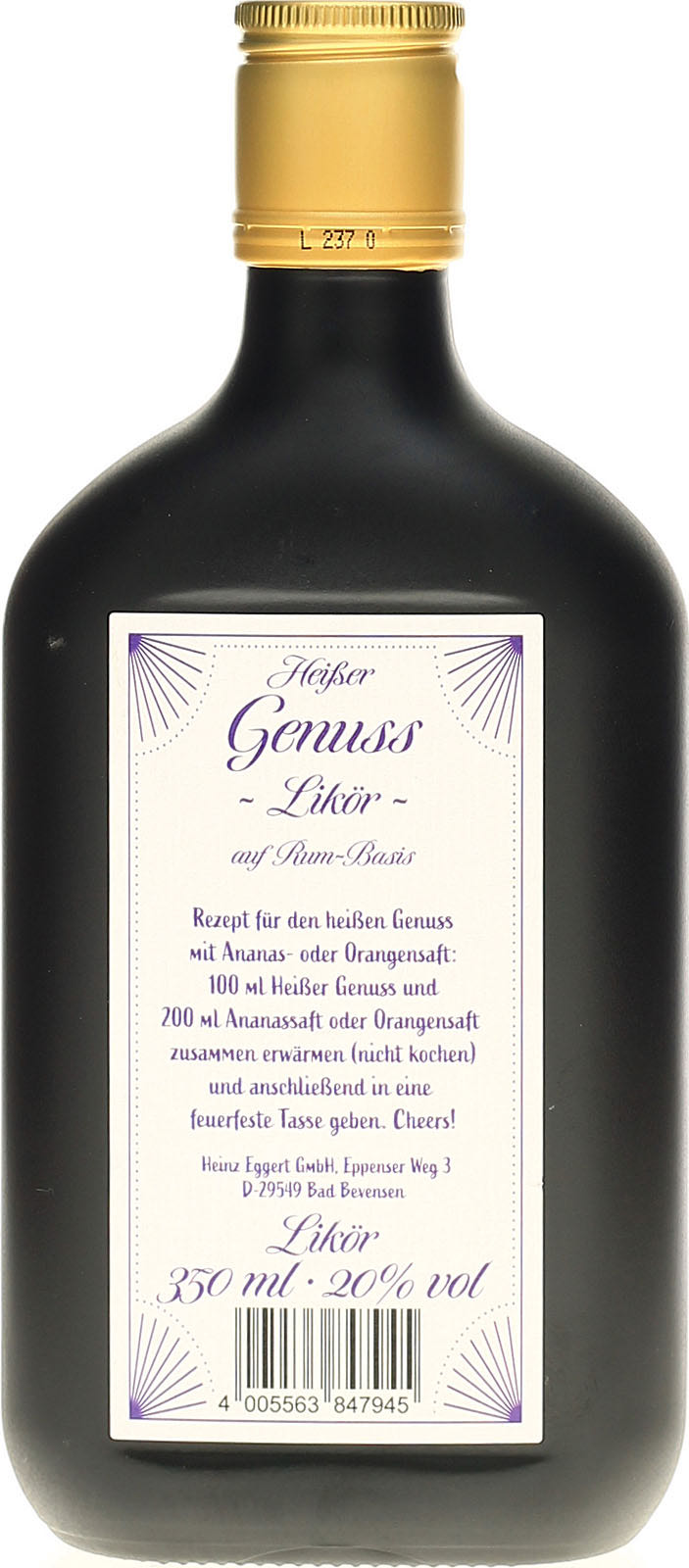 Heißer Genuss Likör Auf Rum Basis - Heinz Eggert GmbH (350 mL) alcohol collectible [Barcode 4005563847945] - Main Image 2