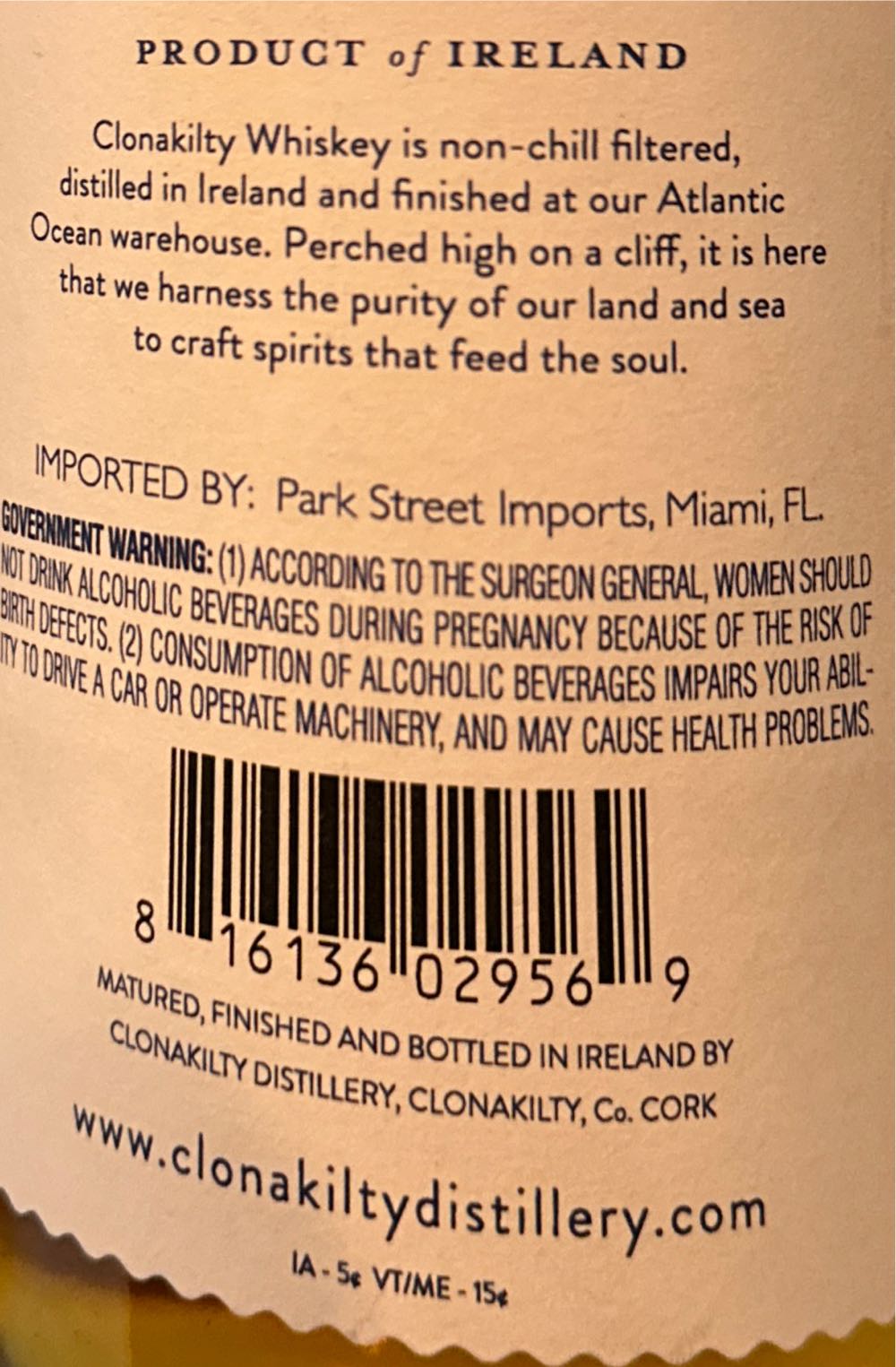 Clonakilty Irish Whiskey Store Pick - Clonakilty Distillery (750 mL) alcohol collectible [Barcode 816136029569] - Main Image 2